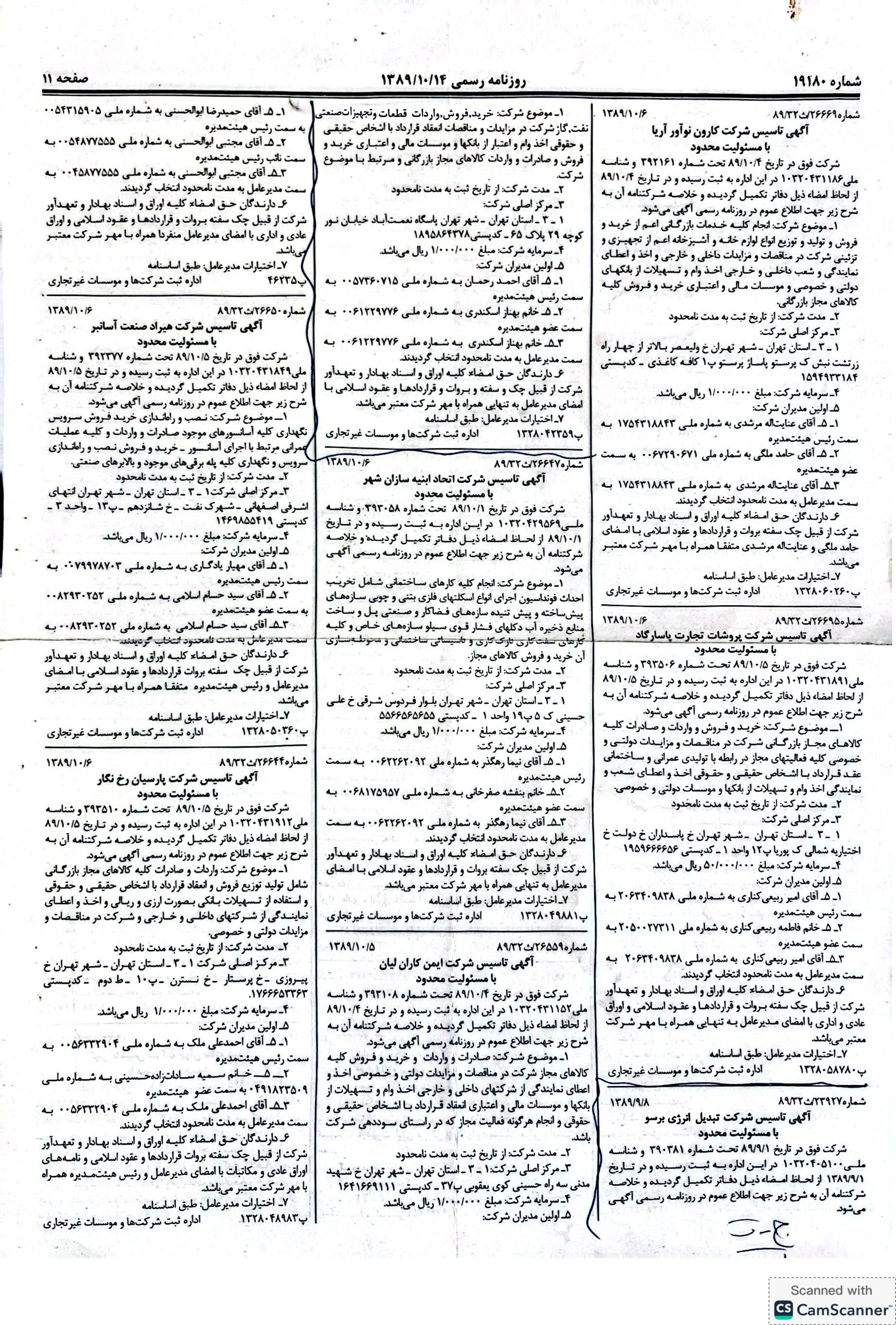 روزنامه رسمی (آگهی تاسیس و آخرین تغییرات)